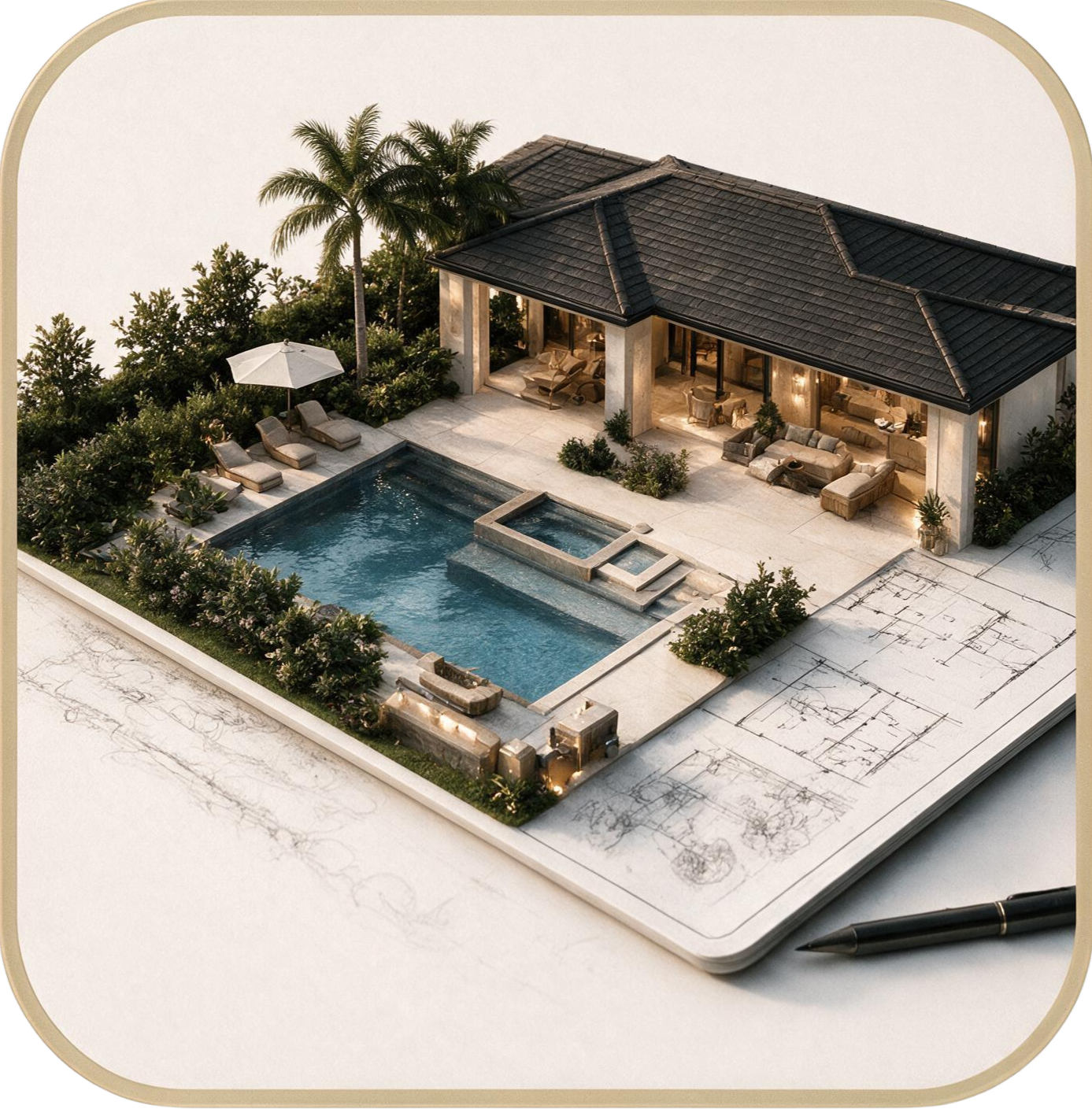 A detailed architectural plan with a 3D rendering of a modern house featuring a swimming pool, outdoor lounge area with chairs, umbrellas, and lush greenery.