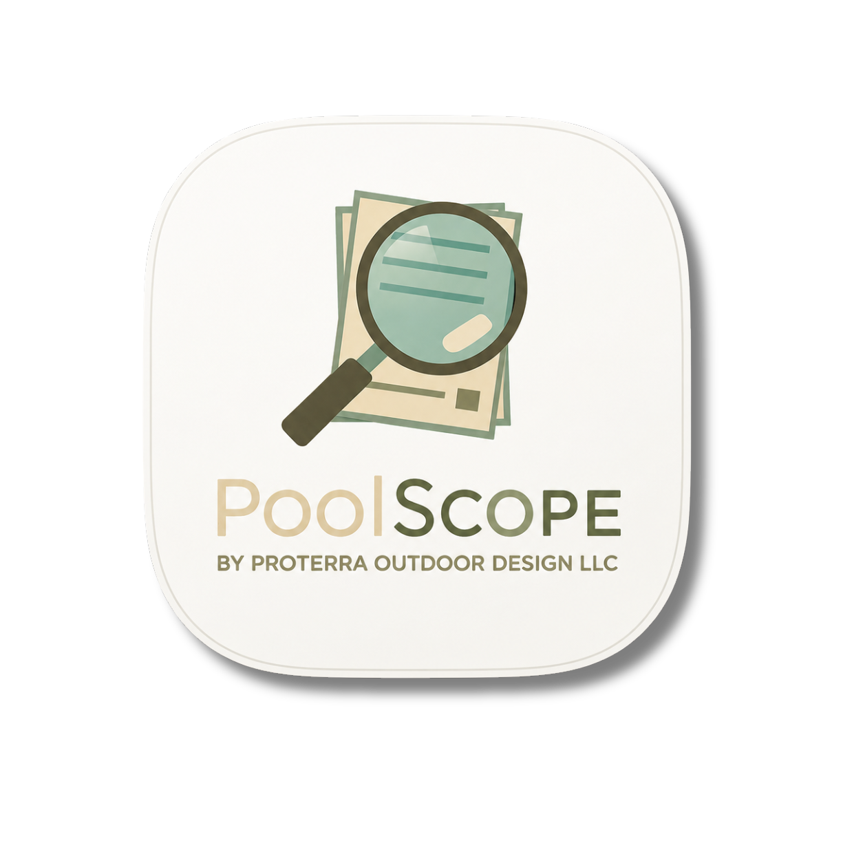 Logo for PoolScope by ProTerra Outdoor Design LLC, featuring a magnifying glass over stylized papers.