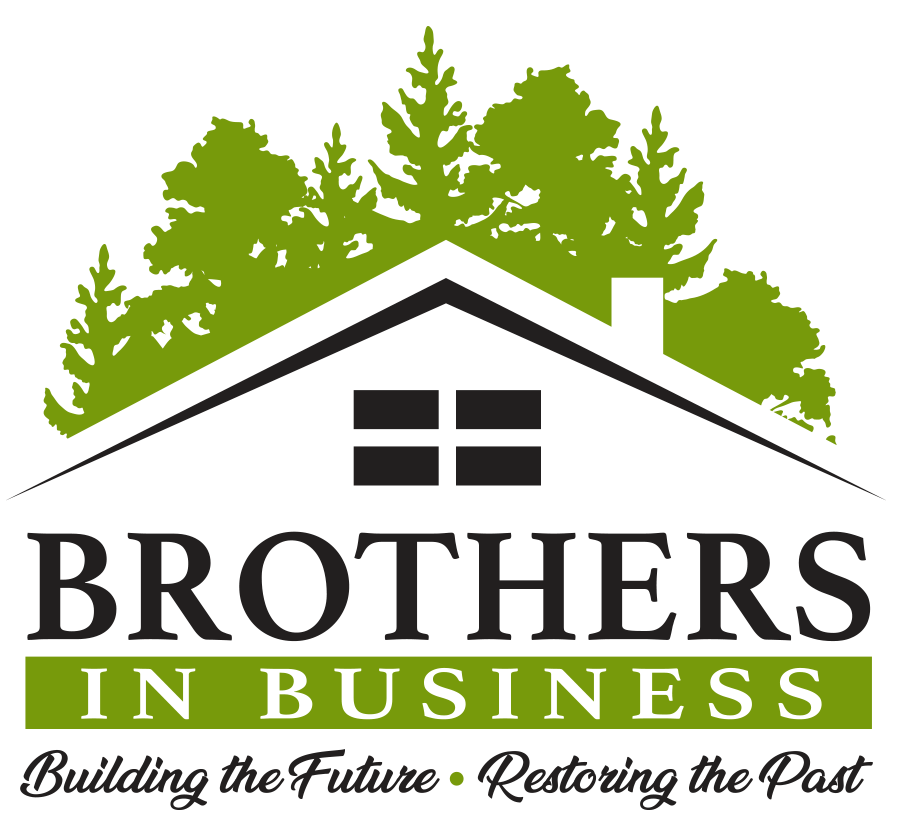 Logo for Brothers in Business featuring a house with a roof and chimney, with green trees in the background, and the text 'Brothers in Business' with the tagline 'Building the Future, Restoring the Past'.
