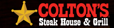 Logo of Colton's Steak House & Grill with a gold sheriff's badge and red and white text
