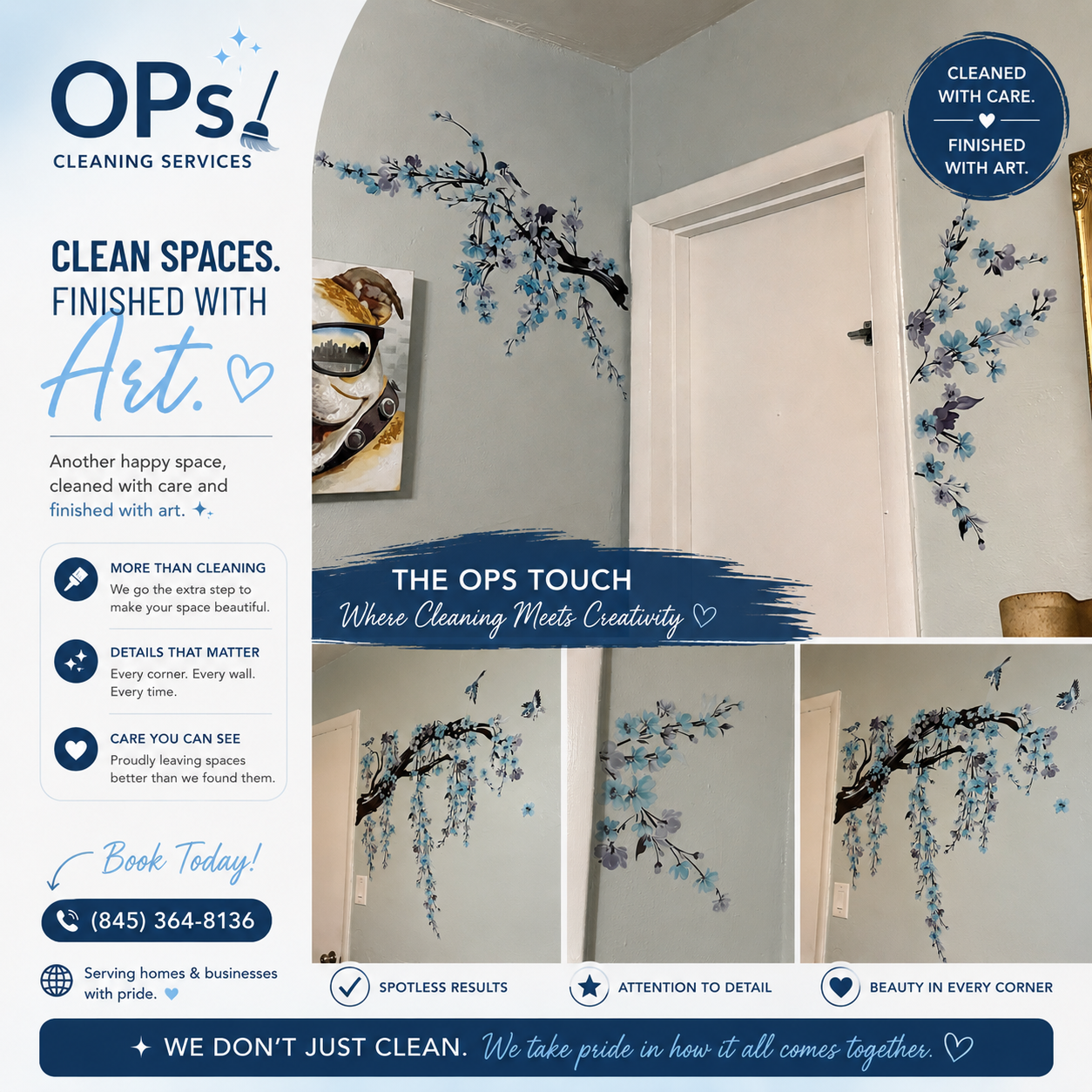 A poster for OPS Cleaning Services showcasing a decorated wall with blue cherry blossom and bird mural, highlighting their cleaning and art finishing services.