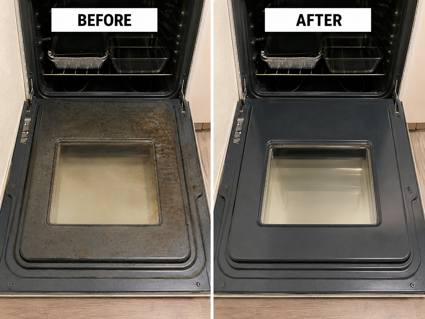 Side-by-side comparison of a dirty and clean oven interior, labeled 'before' and 'after', showing a cleaning transformation.