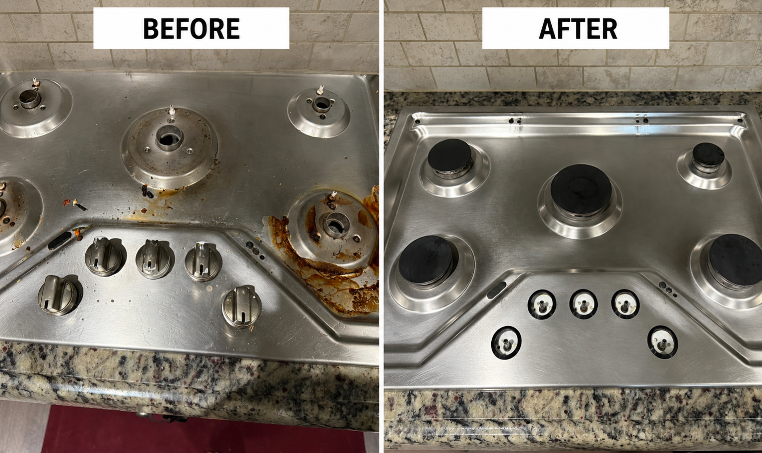 Comparison of a stovetop before and after cleaning. The 'before' side shows a dirty, greasy stove with rust and food debris around the burners. The 'after' side shows a clean, stainless steel stove with shiny burners and no visible grime.