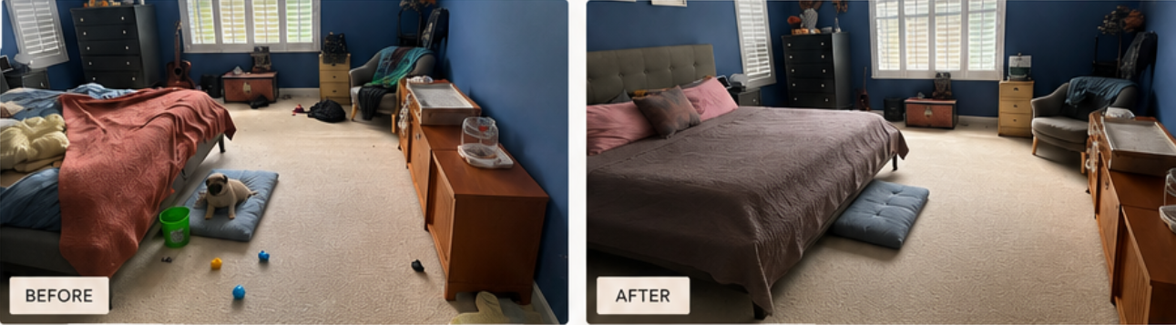 Comparison of a bedroom before and after cleaning. The 'before' side shows a messy bedroom with a bed unmade, toys on the floor, and unorganized furniture. The 'after' side shows the same bedroom neatly cleaned, with the bed made and the room organized.