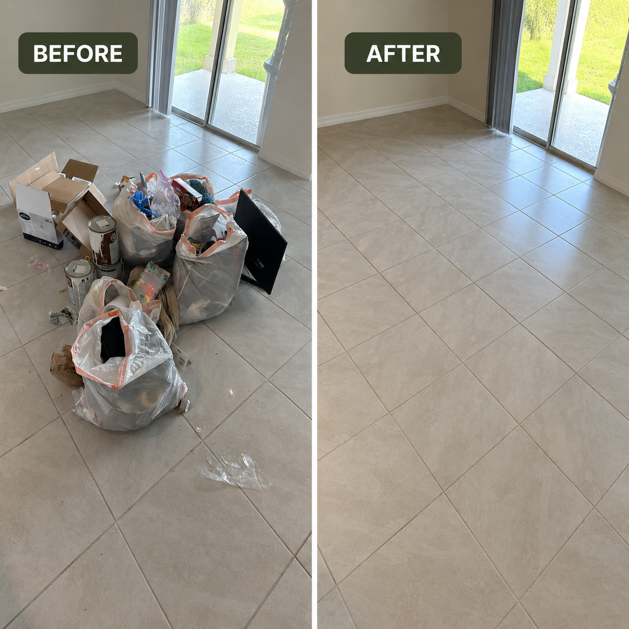 Side-by-side comparison of a tiled floor before and after cleaning. The left side shows clutter and garbage, while the right side displays a clean, empty tiled floor near a sliding glass door with a view of a grassy yard.