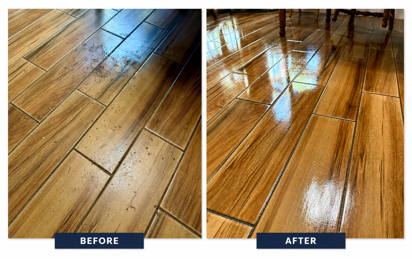 Comparison of wooden floor before and after cleaning; the 'before' side shows a dull, dirt-stained surface, and the 'after' side shows a shiny, clean surface with reflected light.