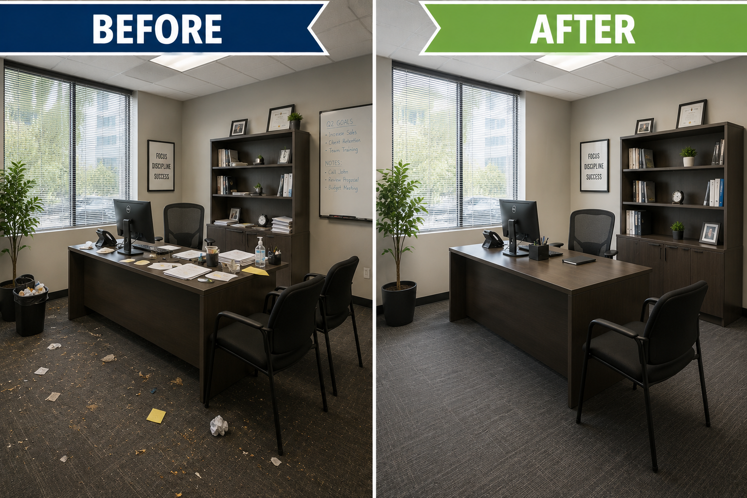 Comparison of an cluttered and messy office with trash and papers on the floor on the left, and a clean, organized office on the right, with tidy desk and minimal items.