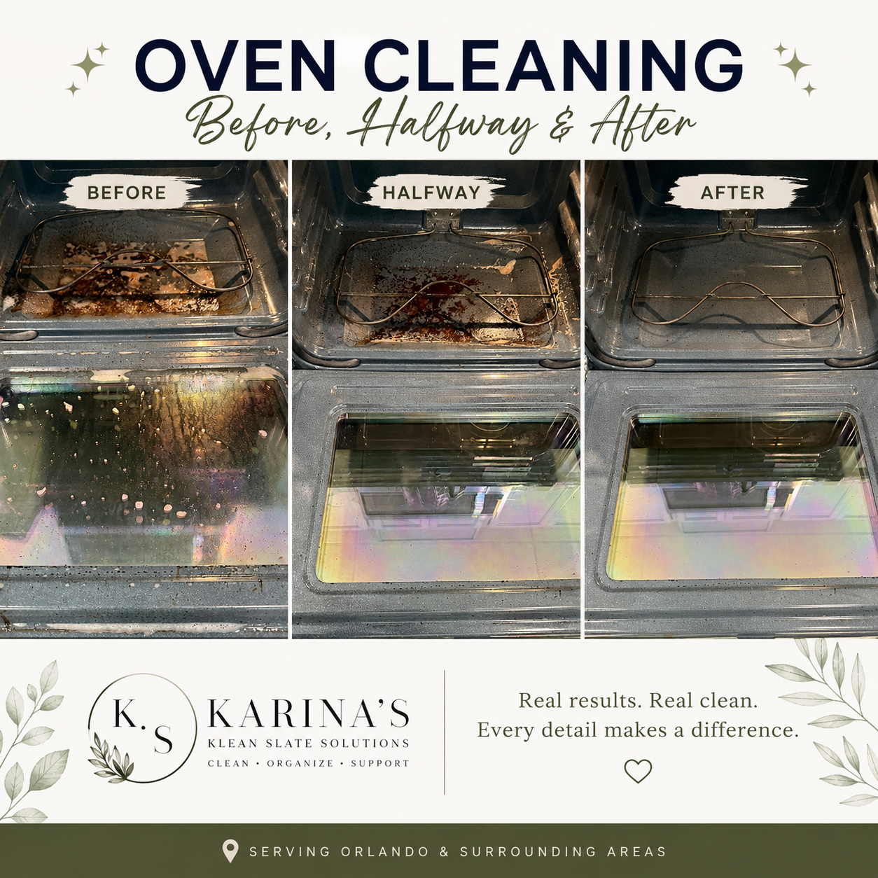 Comparison of an oven's interior before, halfway through cleaning, and after cleaning, showing progressively cleaner surfaces.