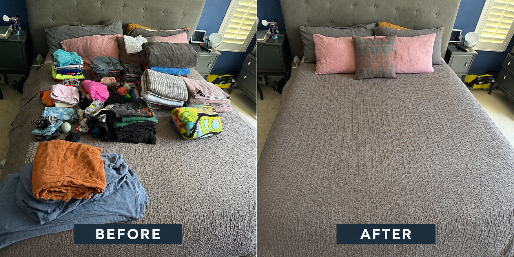 Comparison of a bed before and after tidying up. The left side shows a messy bed with clothes and items scattered, while the right side shows a neatly made bed with pillows.