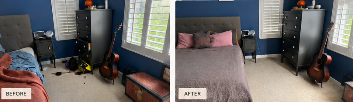 Side-by-side comparison of a bedroom: before and after cleaning and organization. In the 'before' image, the room has clutter on the floor and a blue bed with a blanket and pillows. In the 'after' image, the room is tidy with a made bed, neatly arranged furniture, and no clutter.