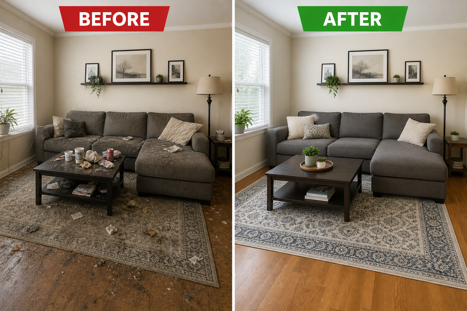 Dirty living room before professional cleaning with clutter, dust, and disorganized furniture. Clean and organized living room after professional house cleaning service with spotless surfaces and neat furniture