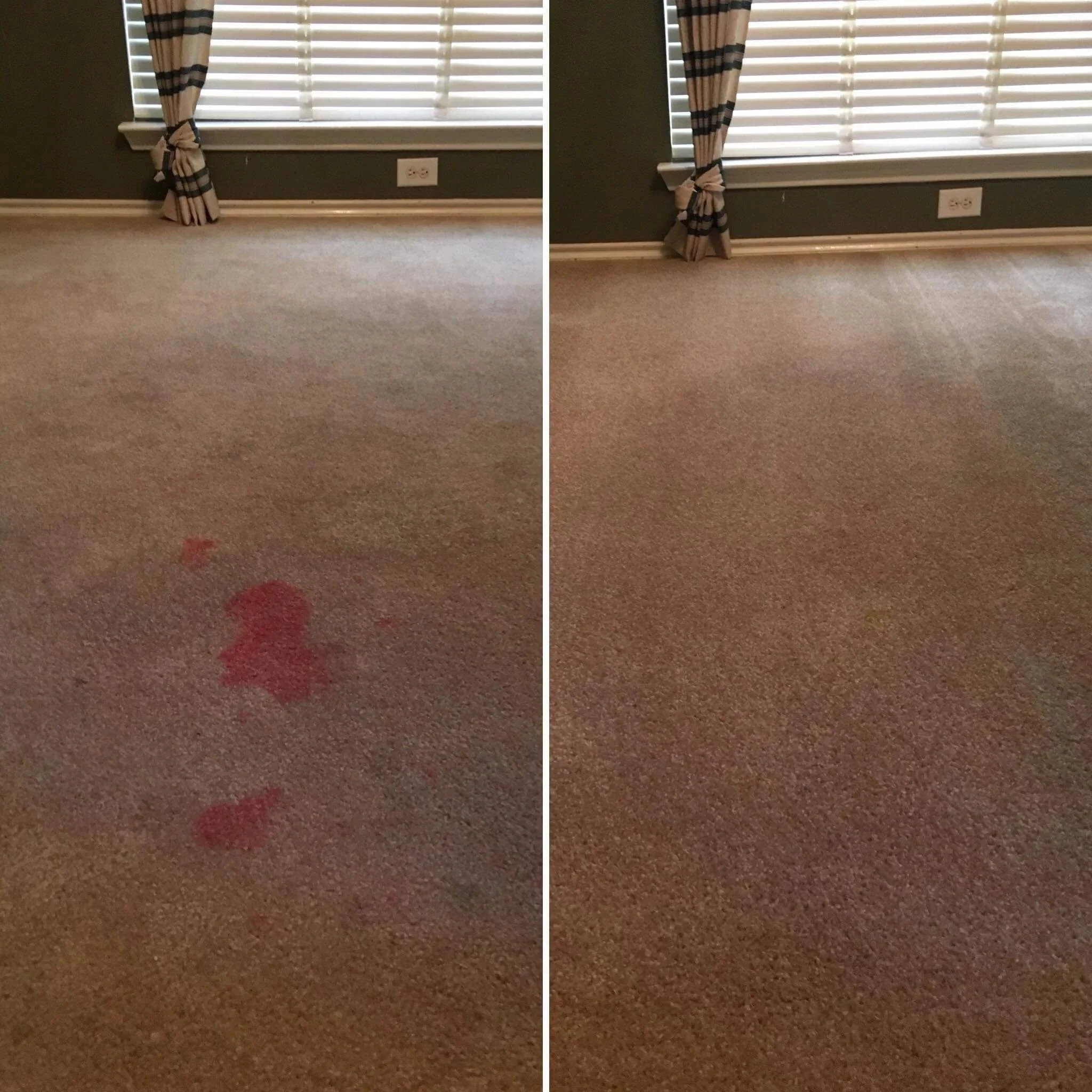 Image showing a side-by-side comparison of a carpet with blood stains and a clean carpet under a window with blinds and curtains.