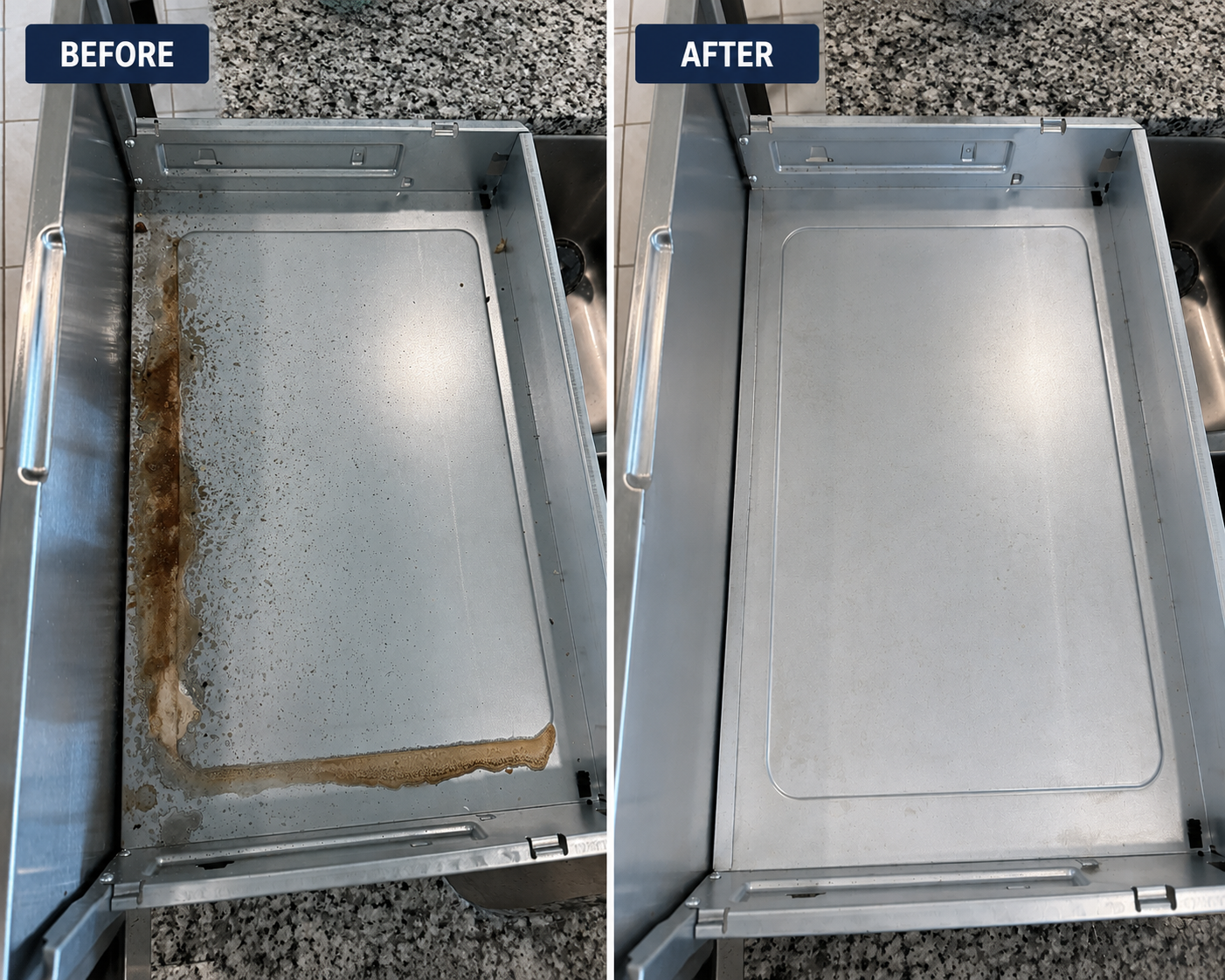Comparison of a metal baking sheet before and after cleaning, with the dirty side on the left and the cleaned side on the right.