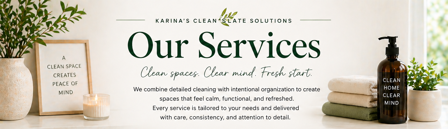Minimalist clean home setup with fresh towels, plants, and cleaning products representing professional house cleaning service