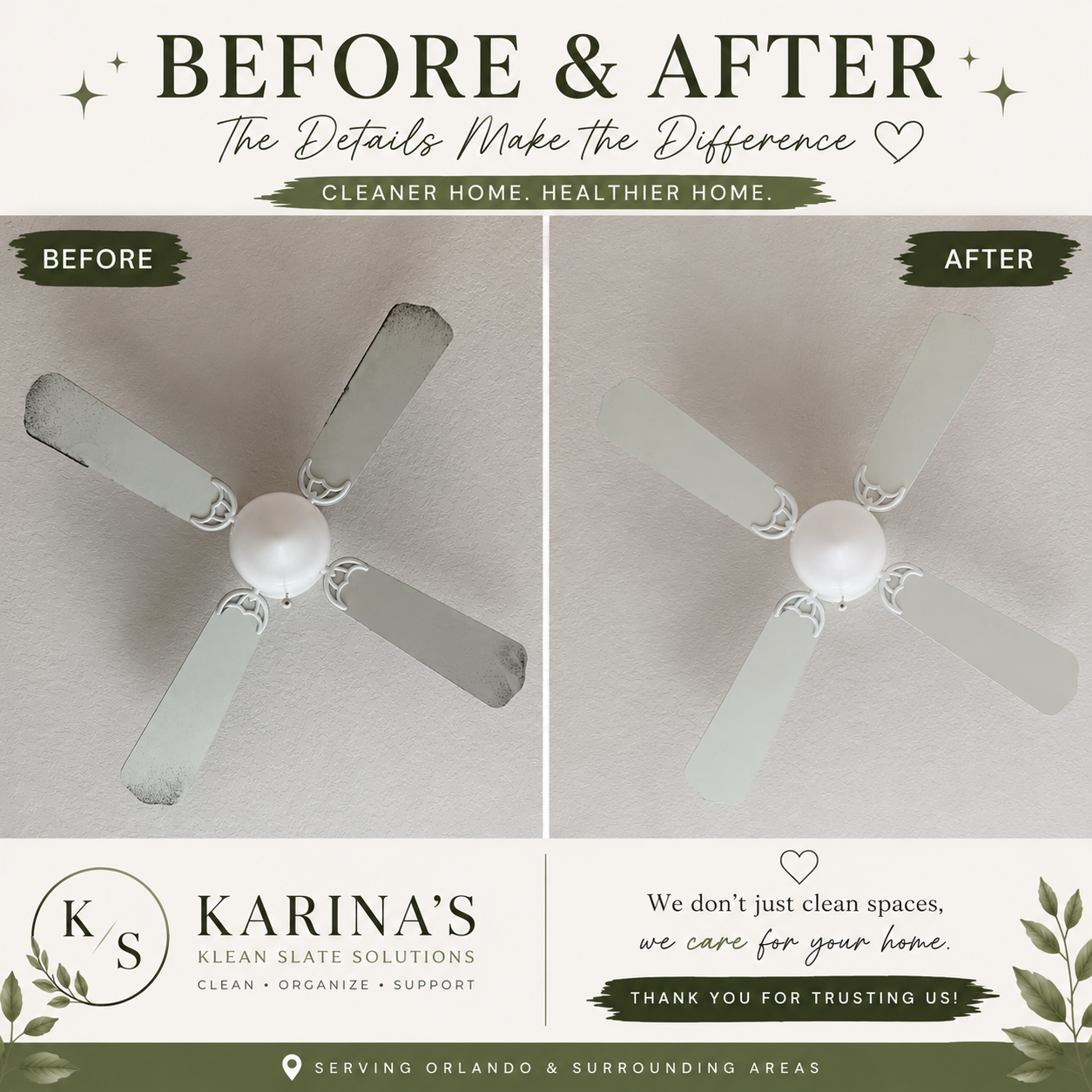 Comparison of a ceiling fan before and after cleaning, showing cleaner blades in the 'after' image.