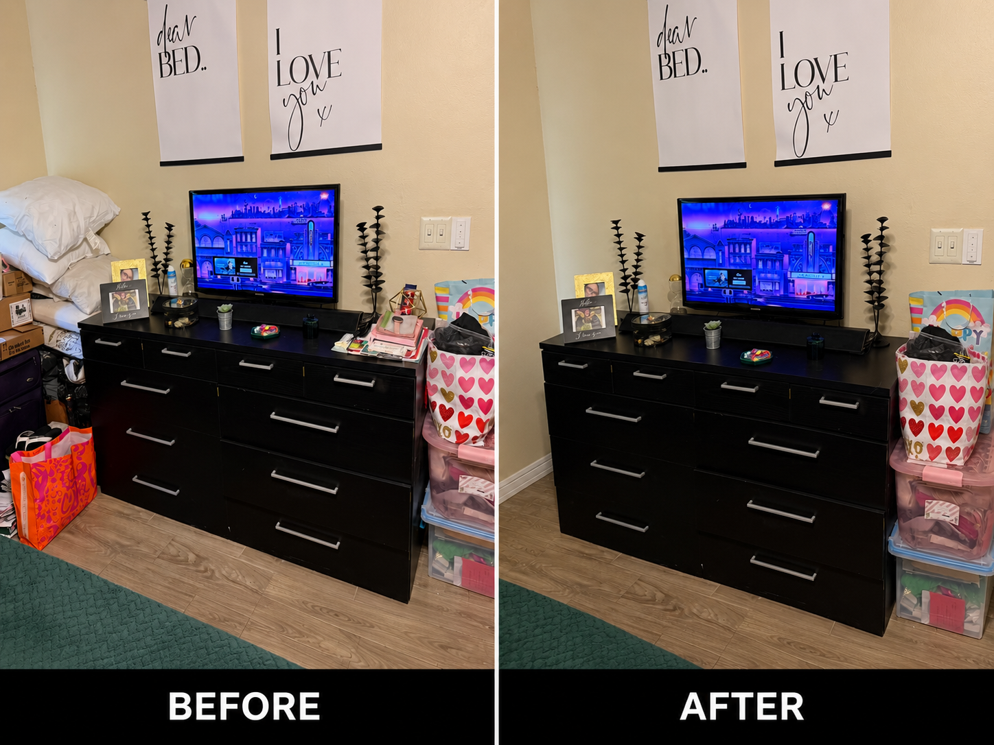 Side-by-side comparison of a bedroom dresser area before and after cleaning. The "before" side shows a cluttered dresser with piles of pillows, a stack of boxes, and various items scattered around. The "after" side shows the same dresser cleared of clutter, with only a few items on top, and the surrounding area organized.