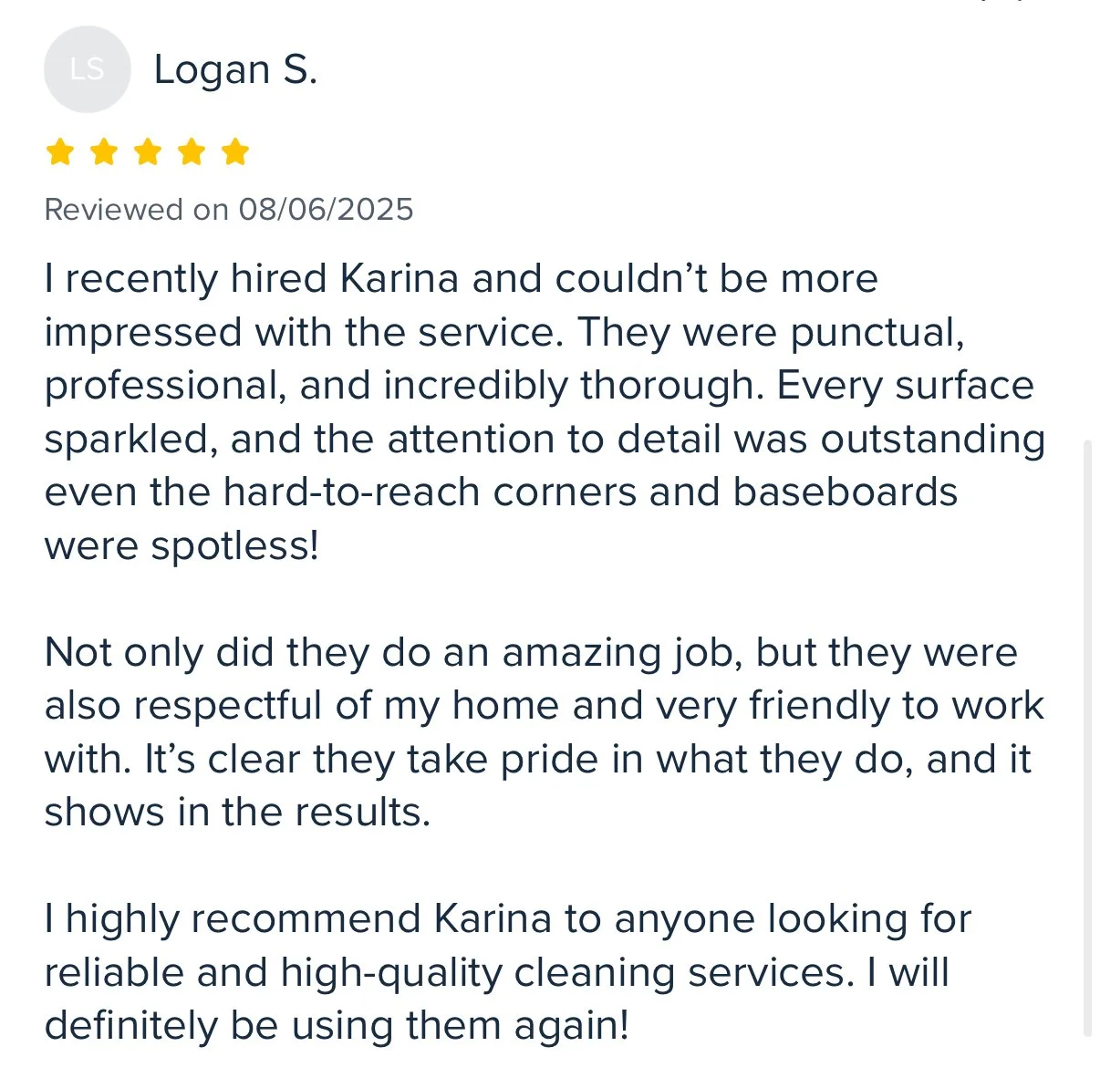 Customer review of a cleaning service praising Karina for professional and thorough work, detailing attention to detail, and high-quality cleaning.