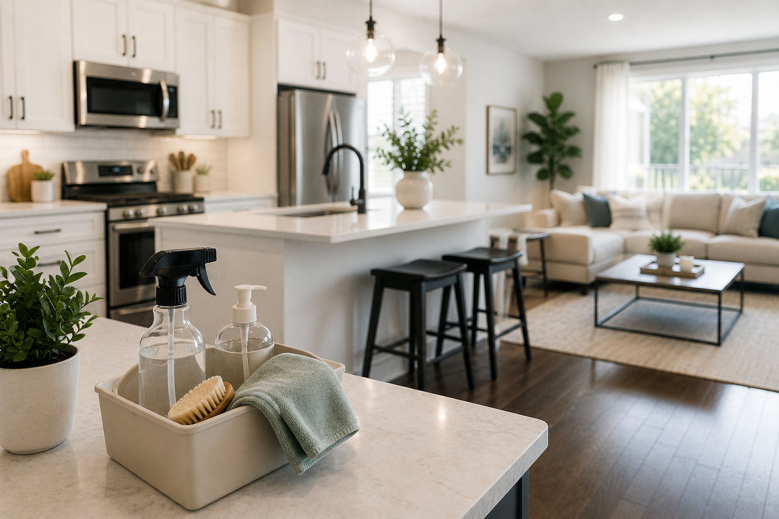 Modern open-concept kitchen and living room with white cabinets, stainless steel appliances, a kitchen island with bar stools, a sofa with pillows, and large windows letting in natural light.