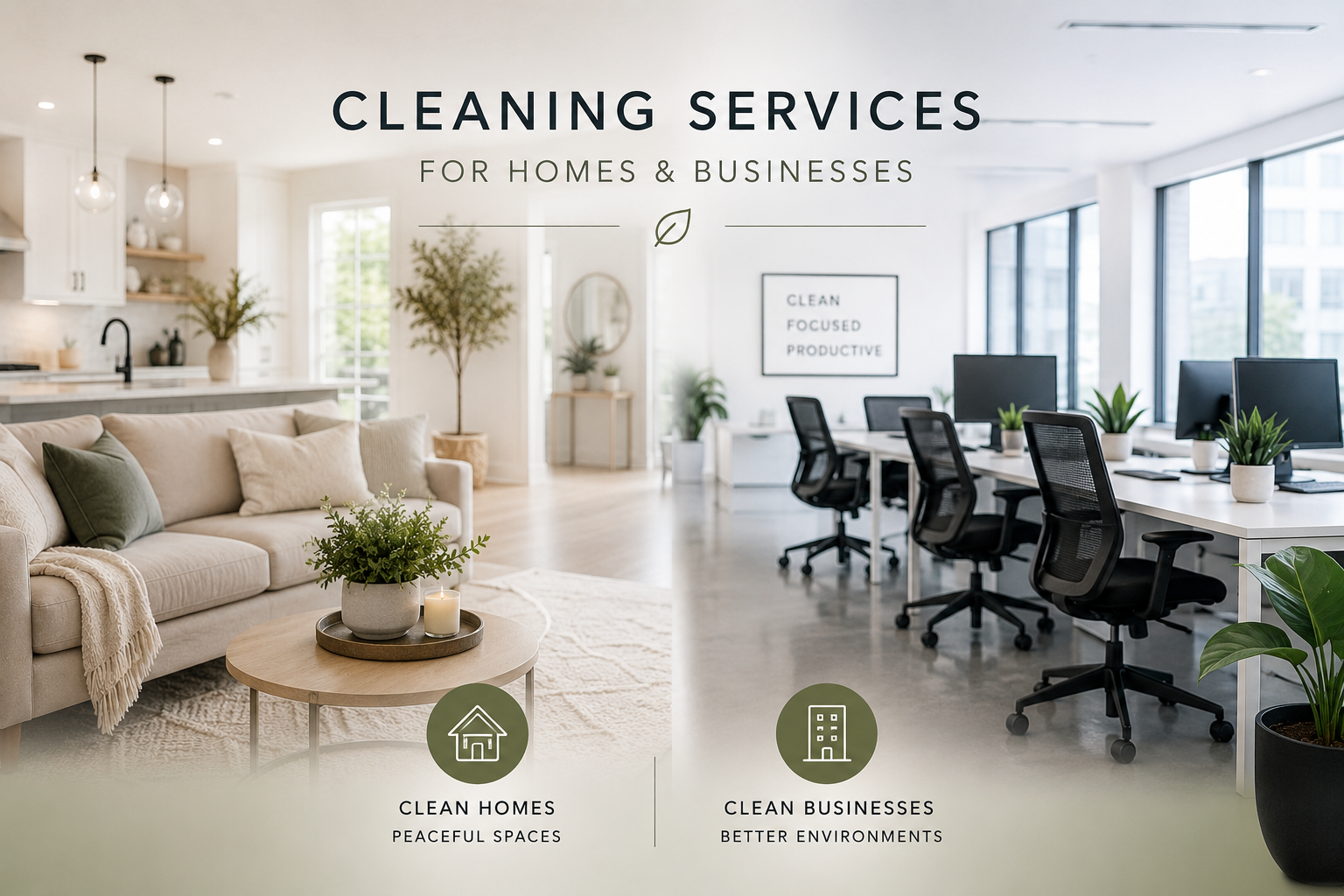 Modern living room and office space promoting cleaning services with greenery and natural light.