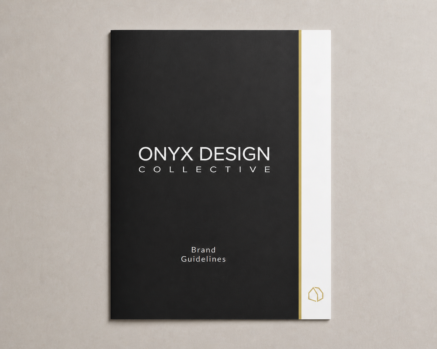 A black and white brand guidelines booklet titled "Onyx Design Collective" on a gray background with a white vertical stripe and a gold line, featuring a gold geometric logo at the bottom right corner.