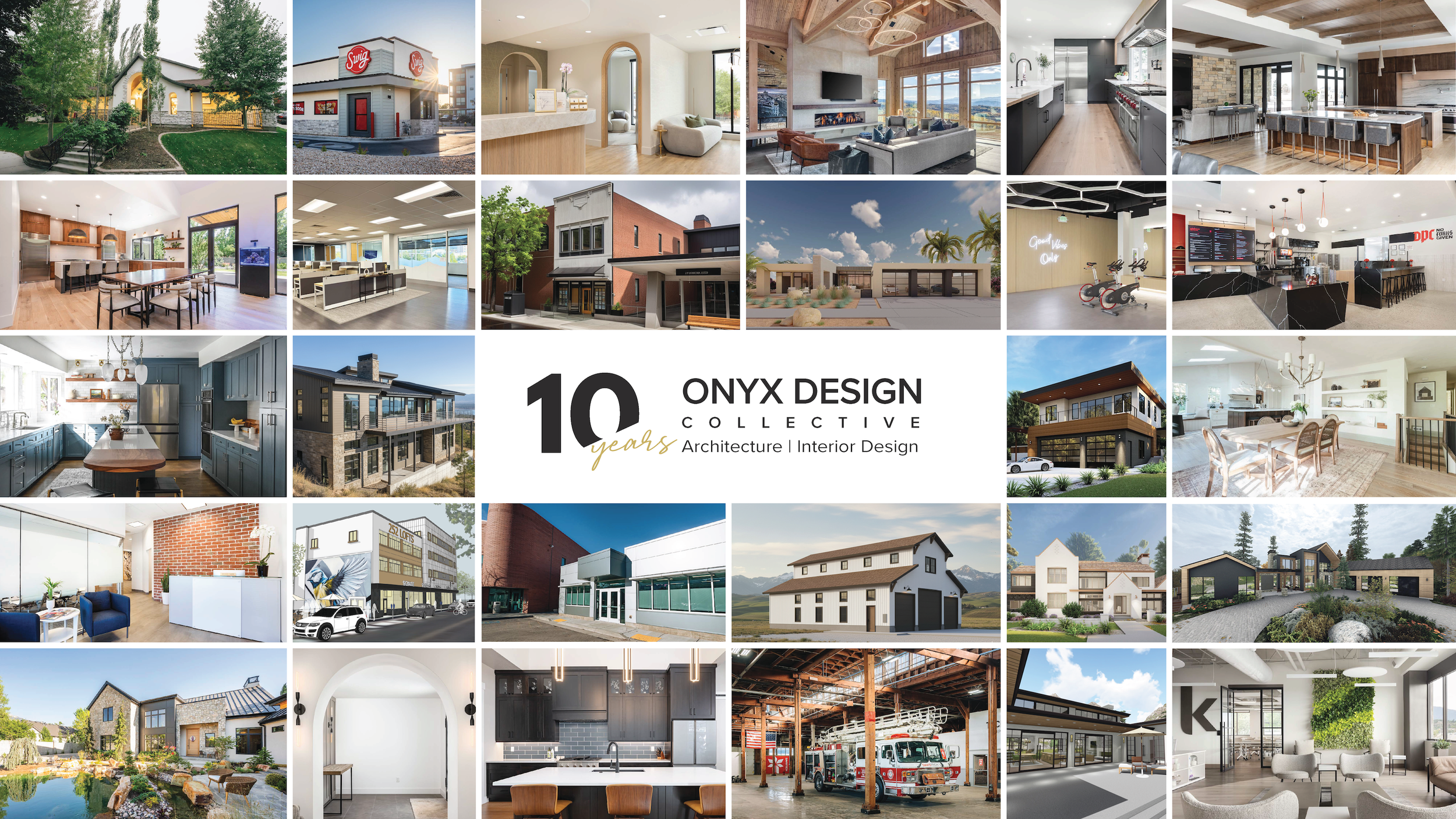 Collage of various residential and commercial architectural interiors and exteriors, including houses, apartments, offices, and community spaces, with text celebrating 10 years of ONYX DESIGN collecting architecture and interior design.