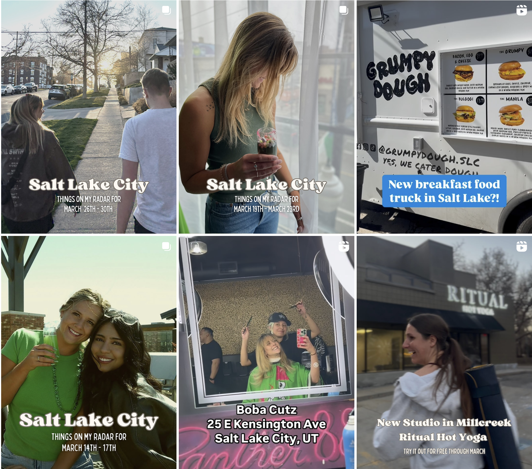 A collage of images from Salt Lake City featuring people, food trucks, and cityscapes. Text overlays mention local events and promotions, including a breakfast food truck, yoga studio, and a radar event for March 26-30.