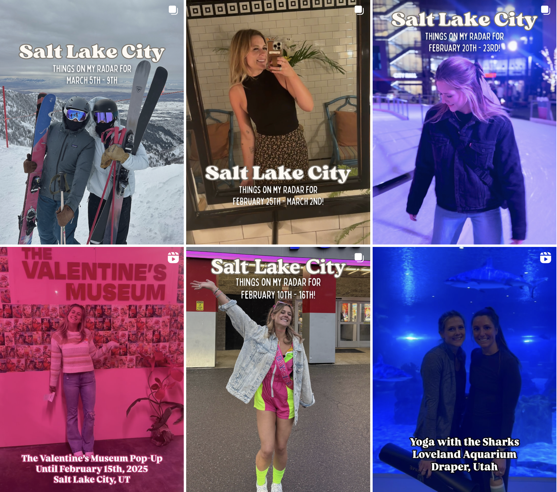 Collage of six photos featuring events and people in Salt Lake City. The first photo shows two people in ski gear holding skis on a snowy mountain. The second photo is a woman taking a mirror selfie in a tiled room, smiling. The third photo depicts a woman with blonde hair at night in a city, with text about going to Salt Lake City from February 20th to 23rd. The fourth photo features a woman in front of a pink background with text about a Valentine’s Museum event until February 15th, 2025. The fifth photo shows a woman smiling, standing outside in front of a building, wearing a jacket and neon-colored shorts and socks. The sixth photo captures two women at night with blue lighting, with white text overlay about yoga with sharks at the Loveland Aquarium in Draper, Utah.