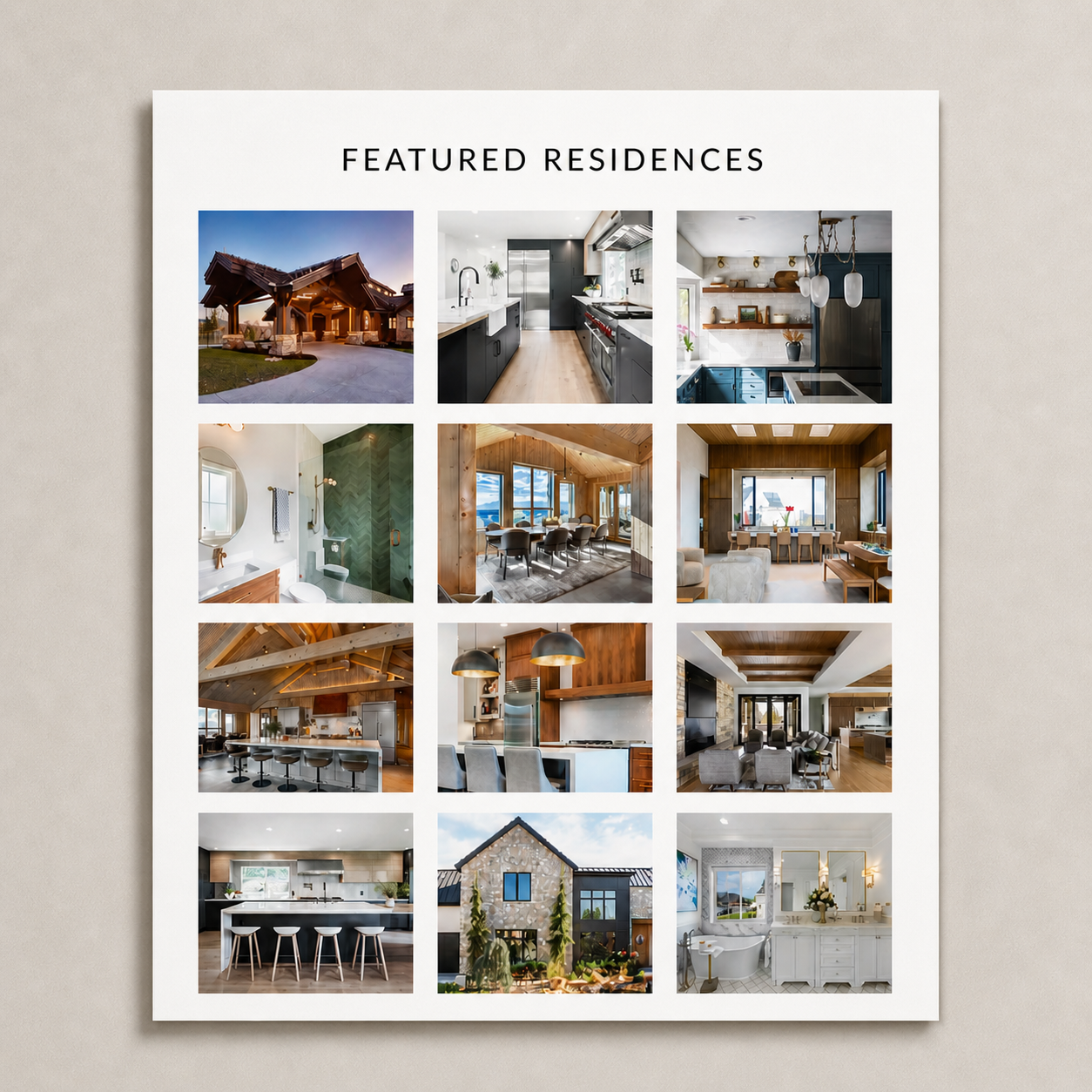 A poster titled 'Featured Residences' displaying a 3x4 grid of twelve interior and exterior house images, including kitchens, living rooms, bathrooms, and exterior views.