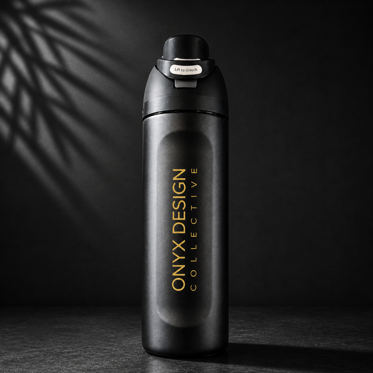 A black reusable water bottle with gold text that reads 'ONYX DESIGN COLLECTIVE' on a dark background with shadows of leaves.