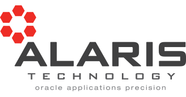 Alaris Technology logo with red hexagons and black text reading 'Alaris Technology' and 'oracle applications precision'.