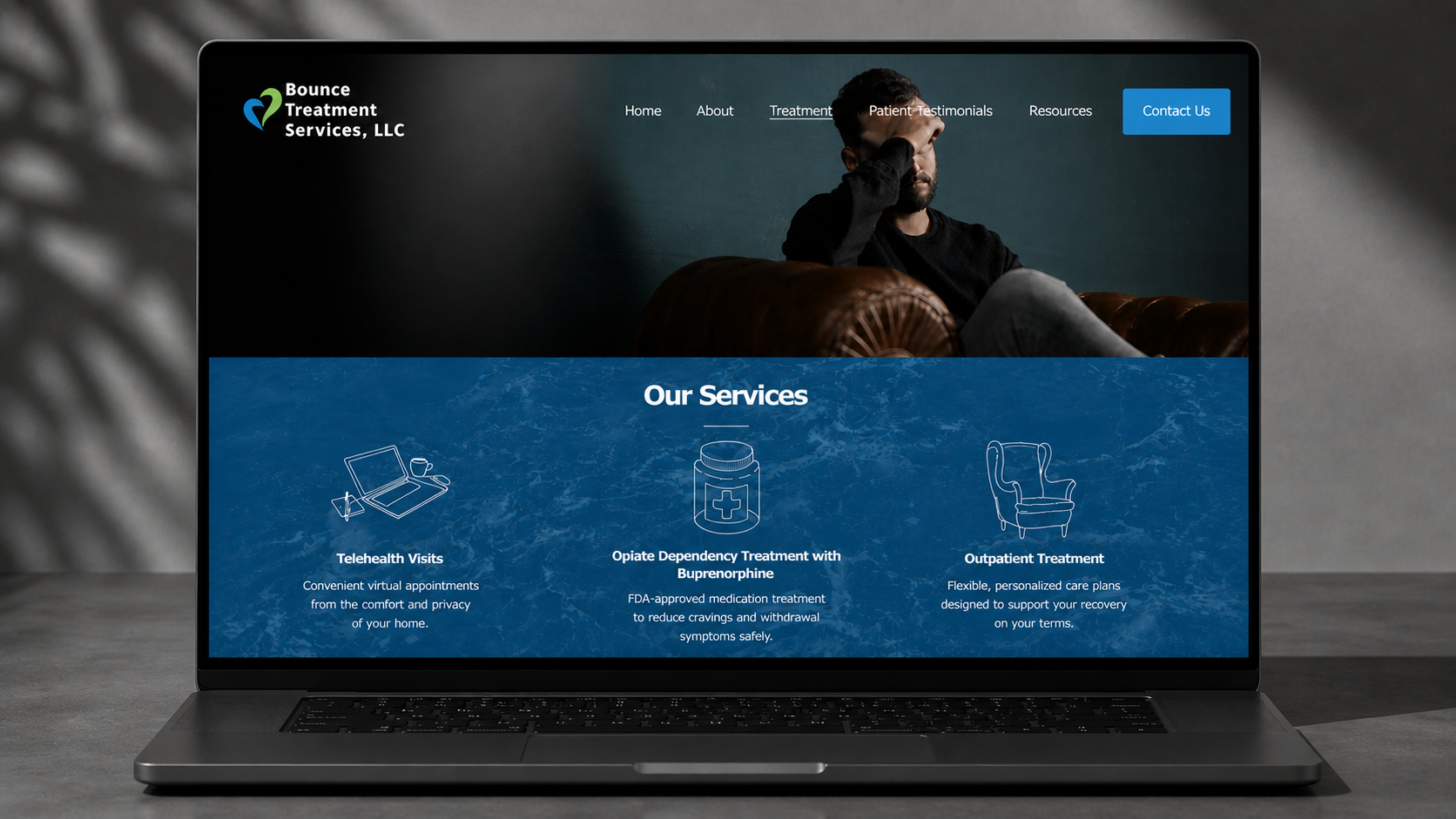 Website homepage for Bounce Treatment Services, LLC with navigation menu, a man sitting on a couch with his hand on his forehead, and a section titled 'Our Services' listing telehealth visits, opioid dependency treatment, and outpatient treatment.