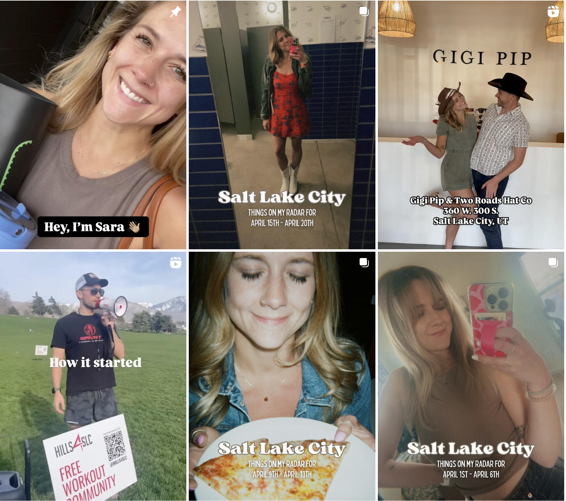 A collage of six photos featuring a woman with blonde hair, taking selfies and participating in outdoor and indoor activities in Salt Lake City, Utah. The images include her smiling, posing with a man in cowboy hats, holding a pizza, and at a community event promoting free workout classes.