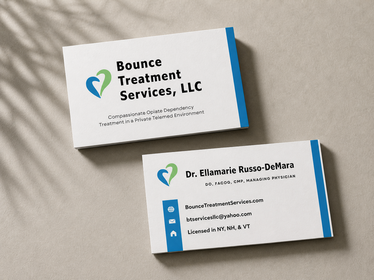 Business cards for Bounce Treatment Services, LLC, featuring a logo with a stylized heart and providing contact information for Dr. Ellamarie Russo-DeMara, a managing physician.