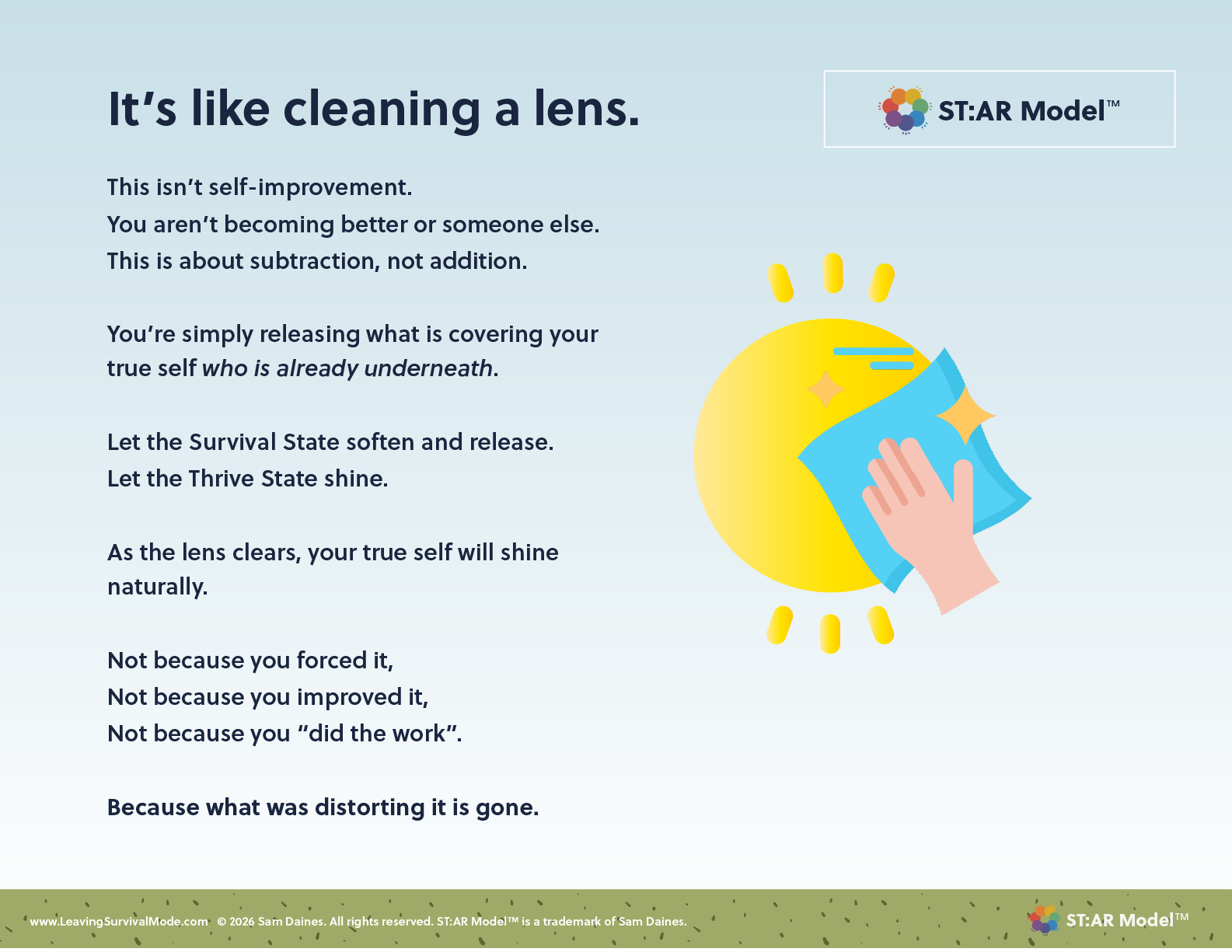 The lens metaphor explains the model as subtraction rather than addition.