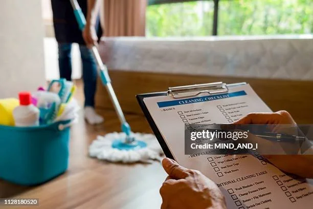 A person holding a clipboard with a cleaning checklist, while another person mops the floor in a room with a large window and wooden floors.