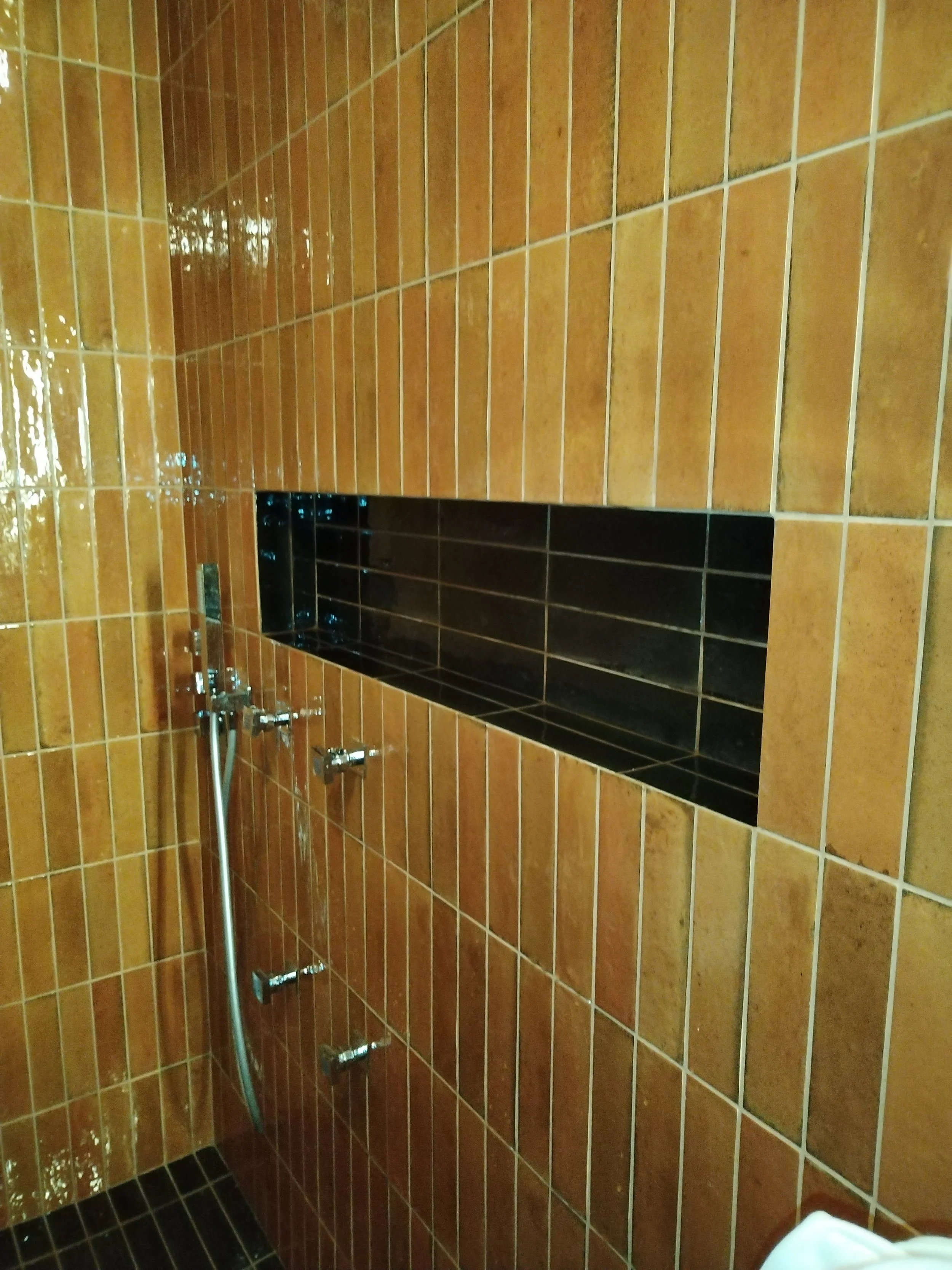 The image shows a bathroom with brown tiled walls and black tiled floor. There is a black recessed shelf in the wall and shiny metallic fixtures, including a showerhead and controls.