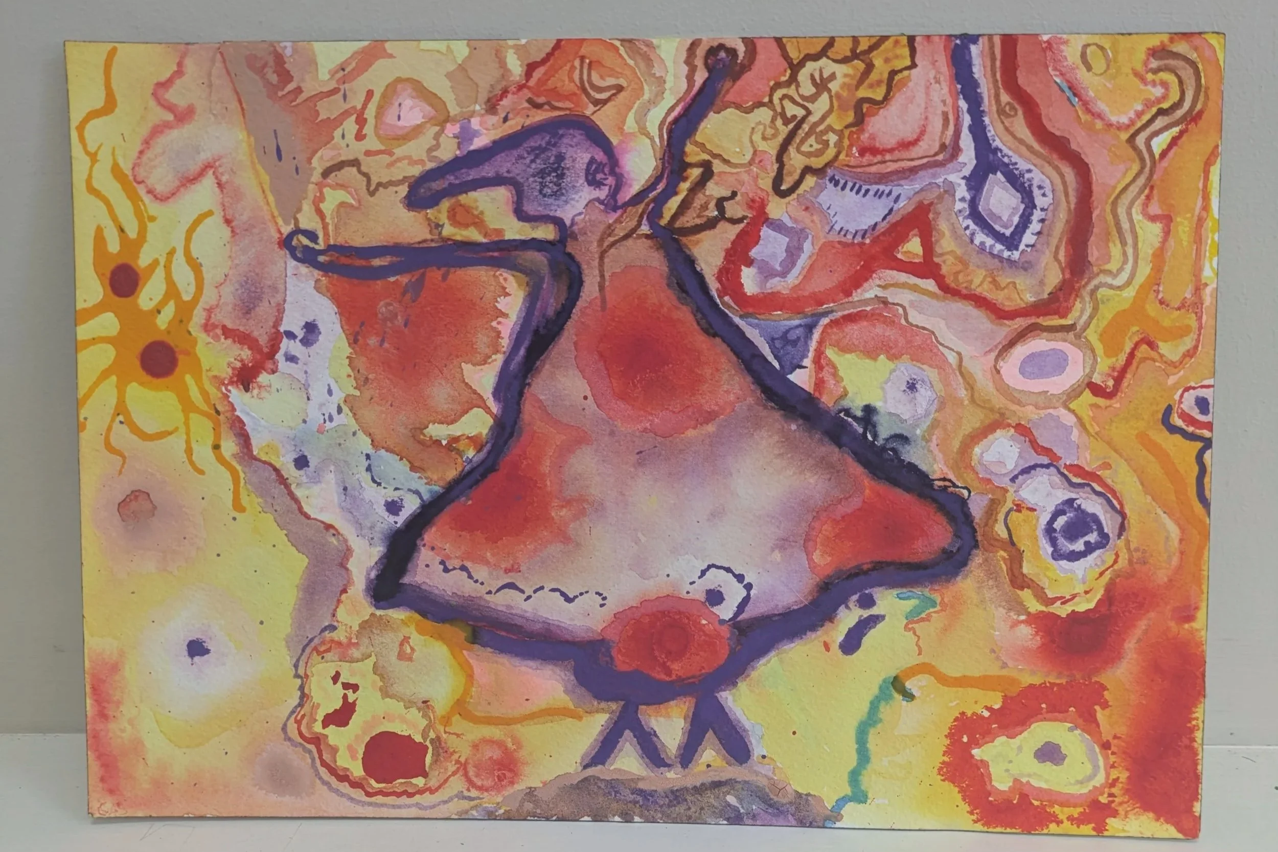 Dancing in the Cosmos, 2024, Ink, pastel and acrylic on watercolor paper, 7x10in (~18x25.5cm)