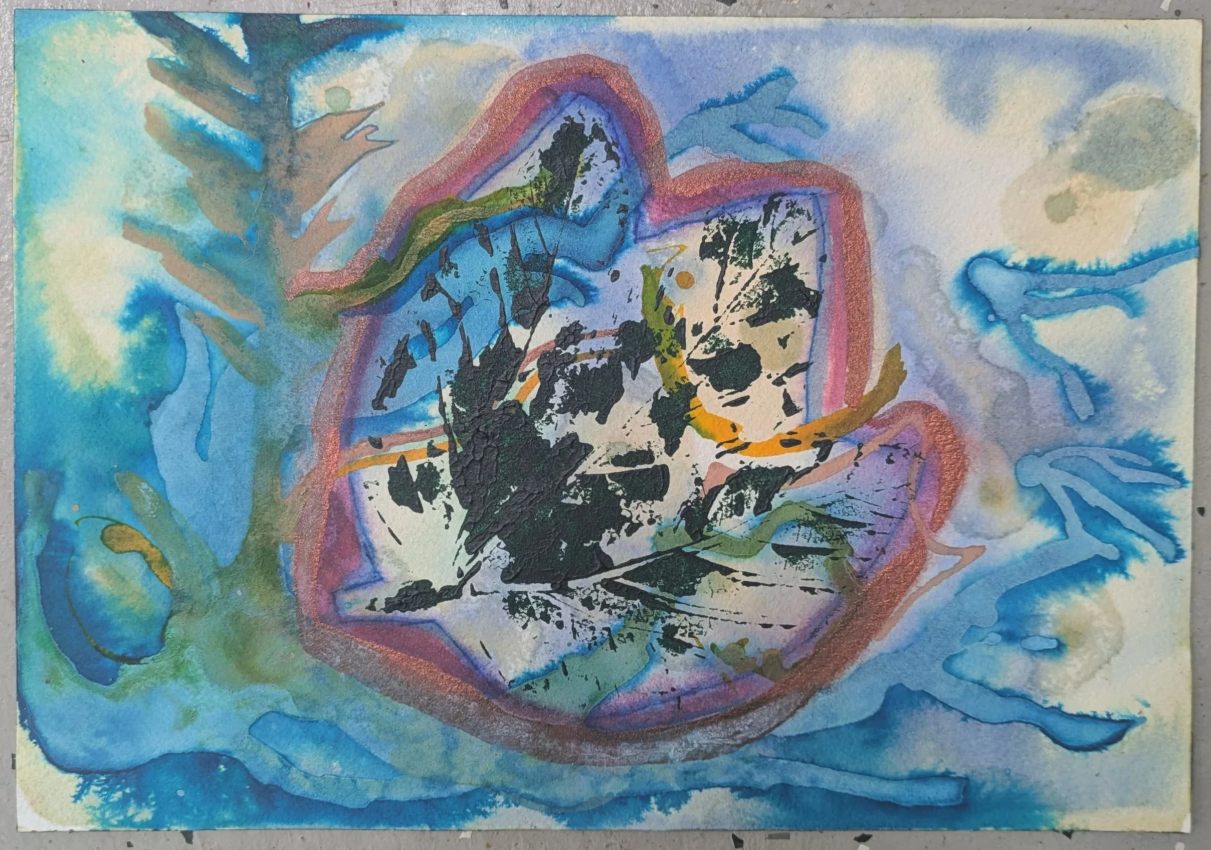 Cool Lead Blowing, 2026, Ink, homemade earth pigment and acrylic on watercolor paper, 7x10in (~18x25.5cm)