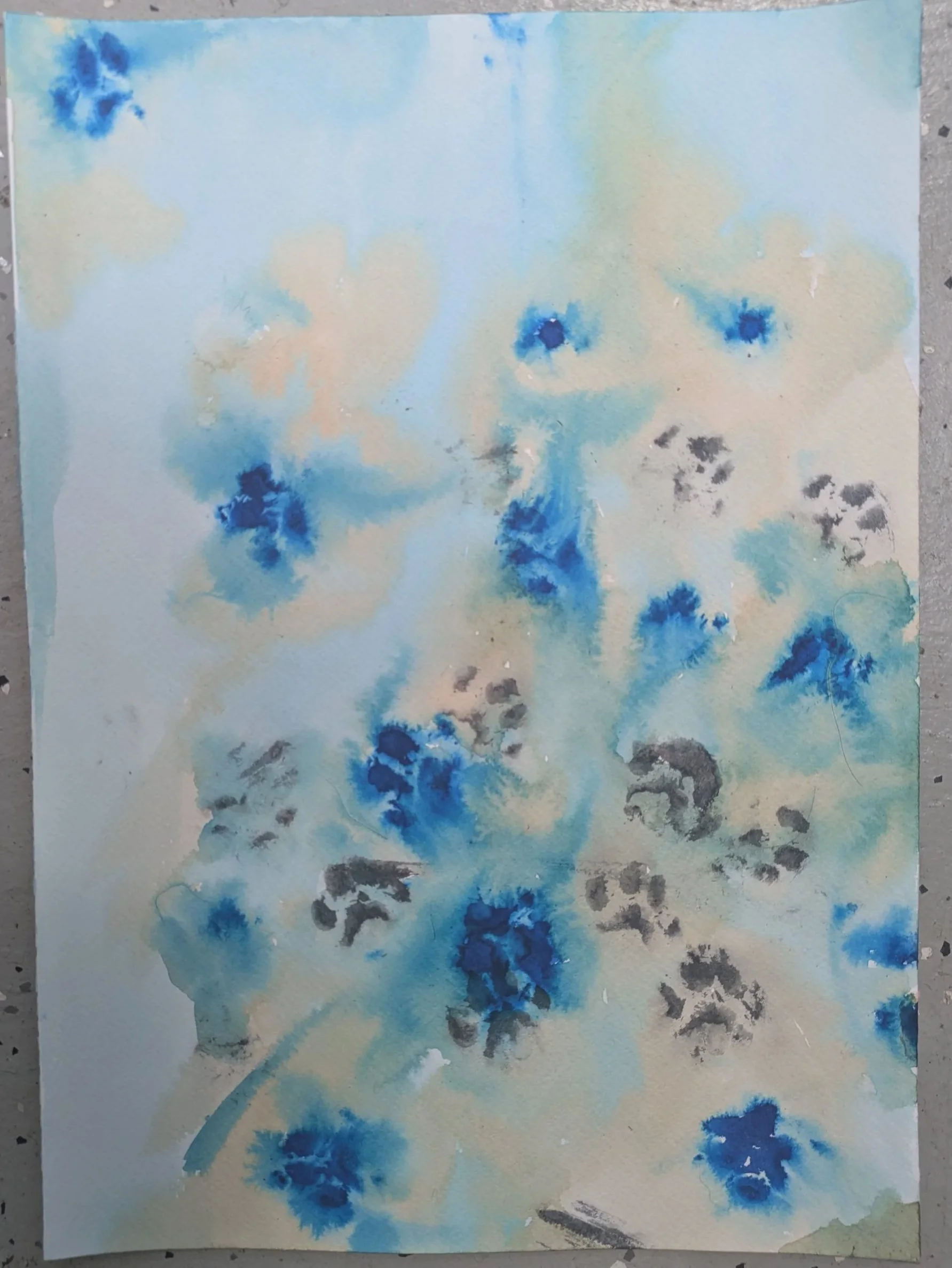 Cat Prints, 2025, Ink and acrylic on watercolor paper, 14x10in (35.5x25.5cm)