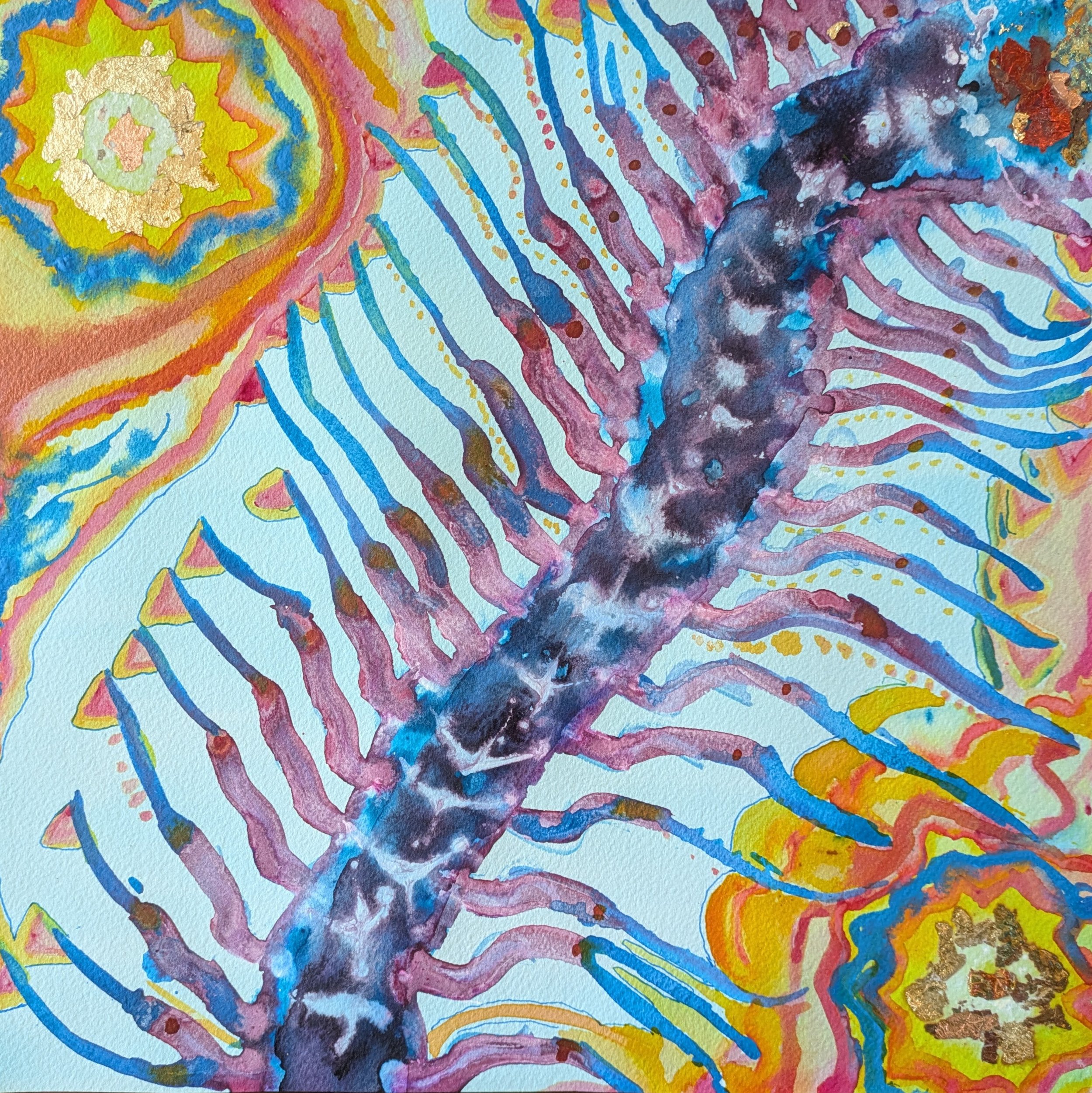 (SOLD) Merundanda, 2025, Ink and mixed media on watercolor paper, 12x12in (30.5x30.5cm) 