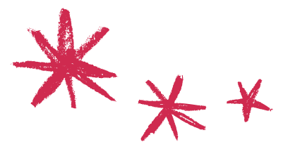 Three red hand drawn star bursts of varying sizes.