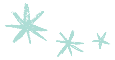 Three blue hand drawn star bursts of varying sizes.