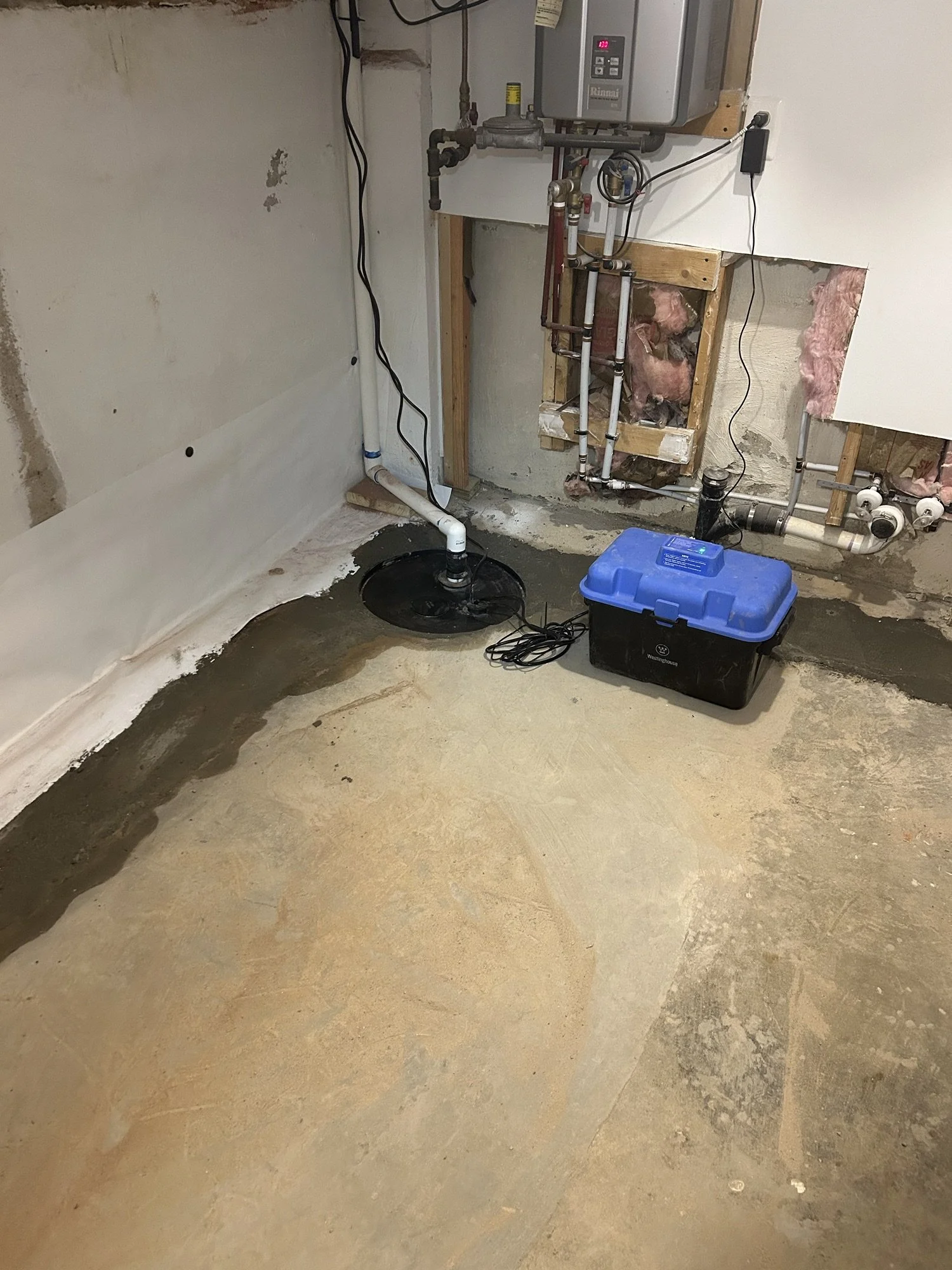 A basement utility area with exposed plumbing, a water pump, and an unfinished wall with insulation.