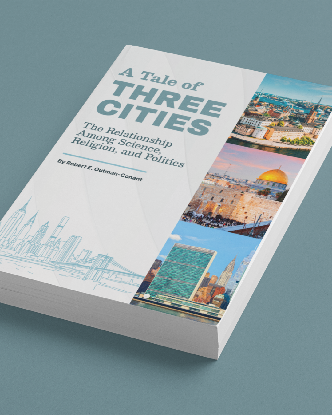 Book titled "A Tale of Three Cities" featuring images of New York, Jerusalem, and other cityscapes.