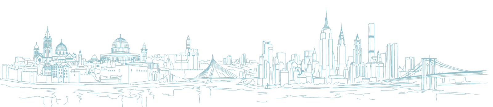 Line drawing of the New York City skyline at night, featuring iconic skyscrapers and bridges.