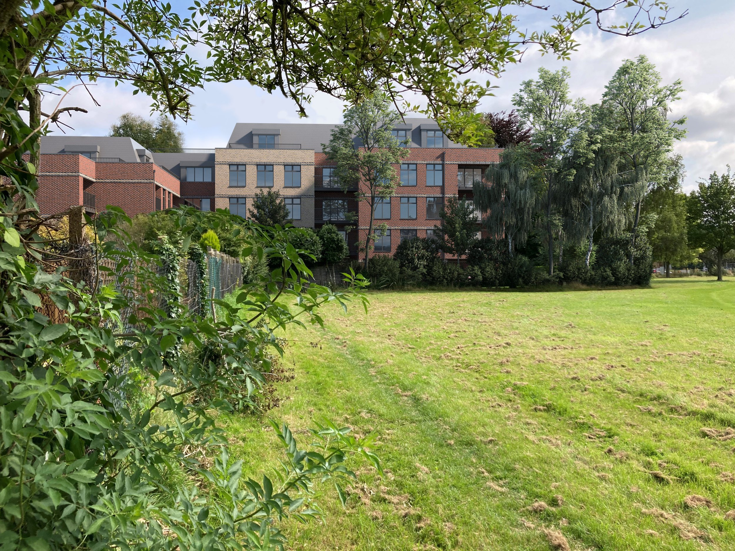 CGI view of the Sanderstead Gate development from adjacent parkland in Croydon, illustrating a 33-apartment residential scheme supported through planning viability and affordable housing negotiations.