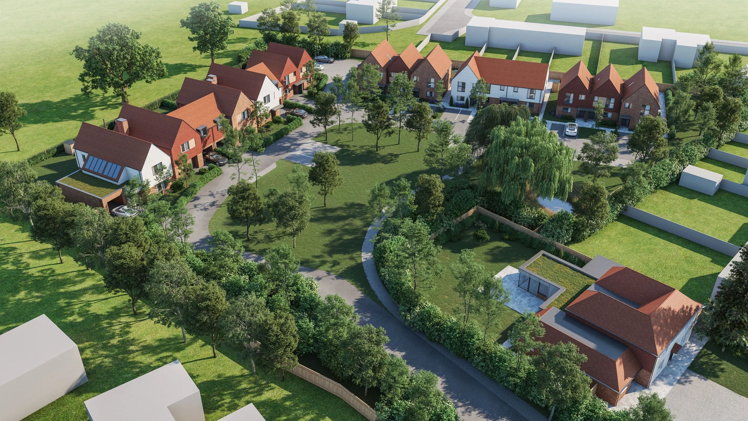 Aerial CGI of the Conkers residential development in Iden, East Sussex, showing 15 new homes and the retained Grade II listed dwelling.
