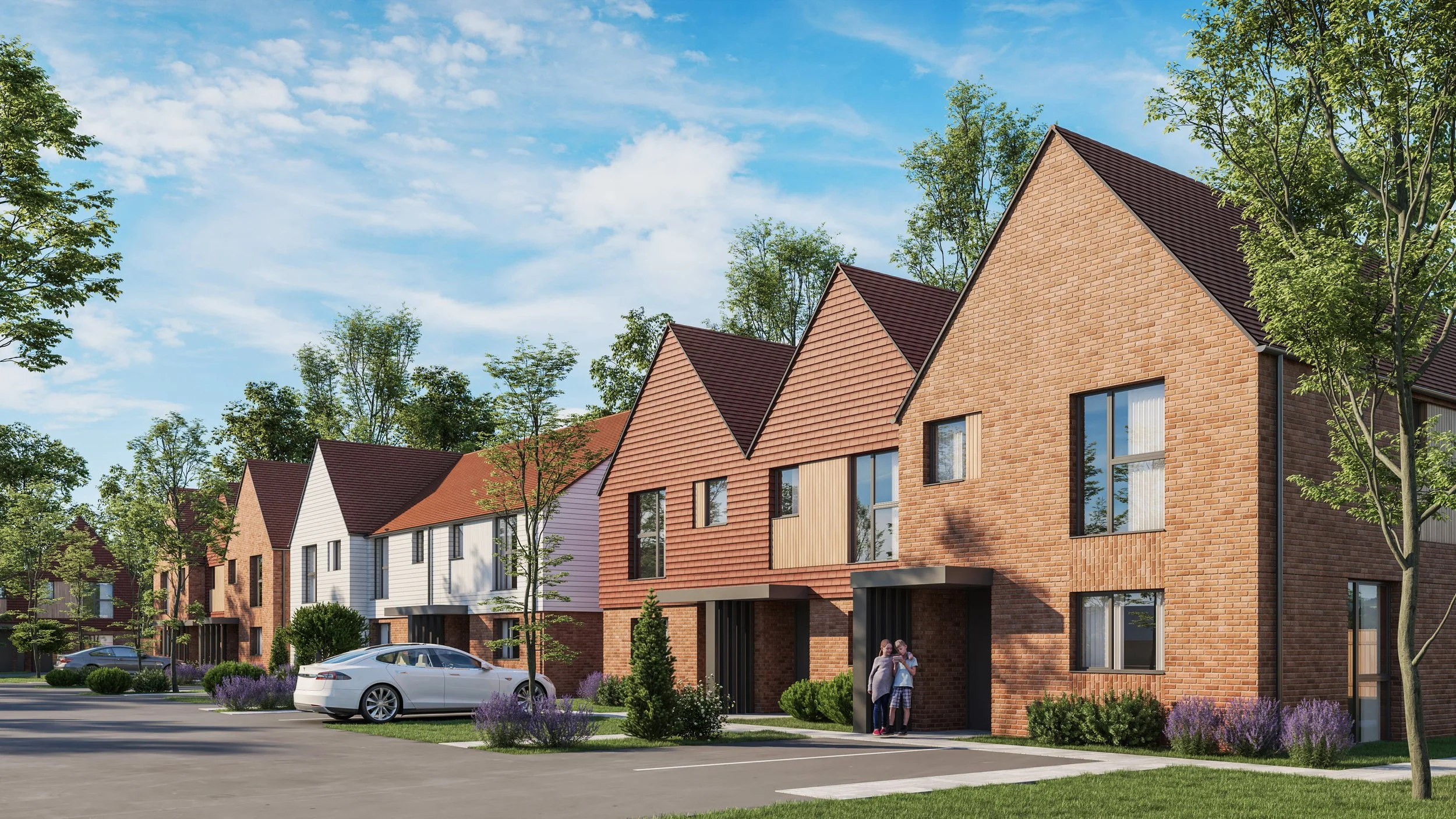 Street scene CGI of the Conkers residential development in Iden, East Sussex, illustrating the approved scheme secured through planning and viability negotiations.