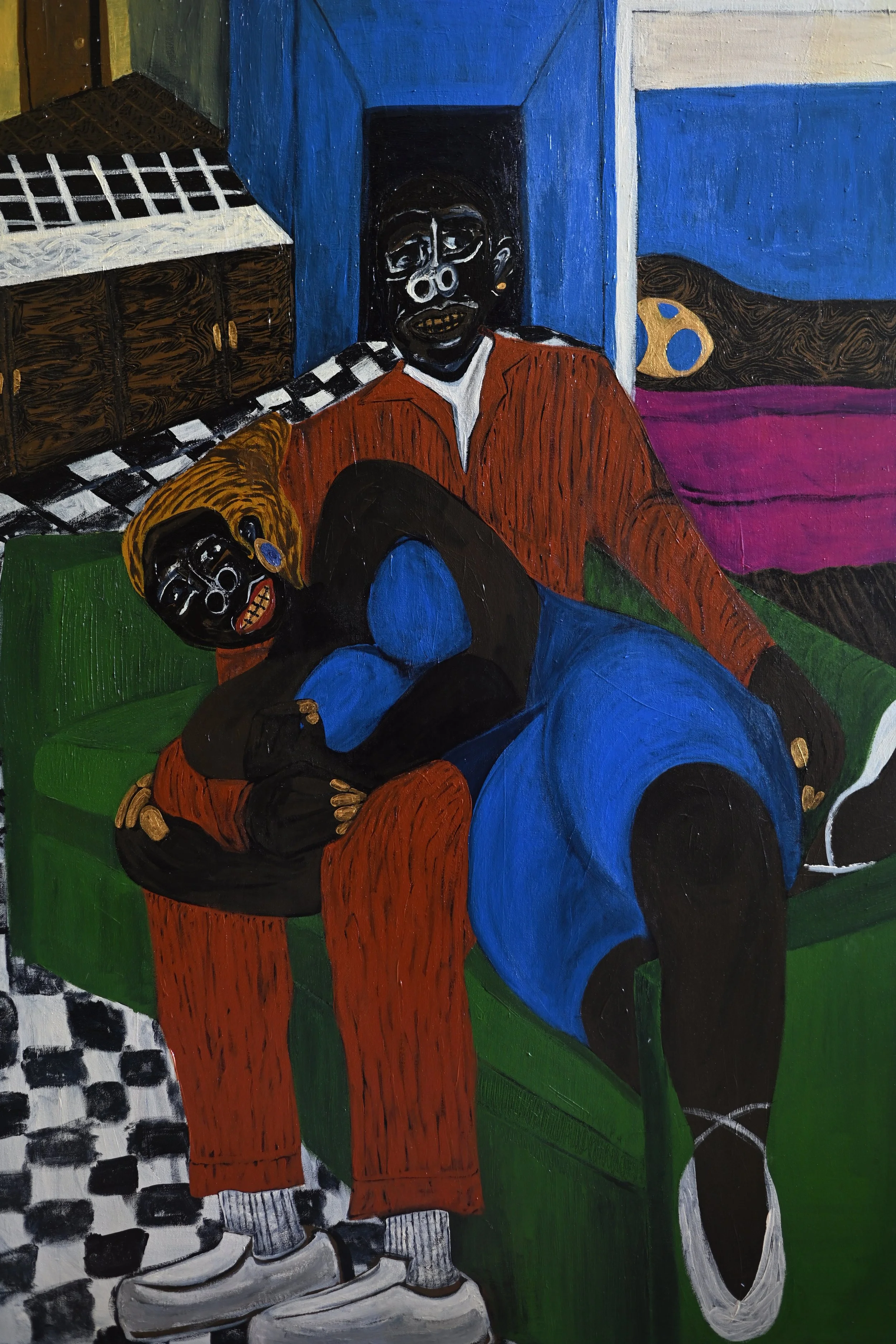 Love Language   2023
Acrylic on canvas. Solo Exhibition (as MUZEUME), Homme Gallery, Washington, D.C.
Sits at the center of my practice — the charged, untranslated space between Black women and Black men. They are both in love, 
both trying. His love