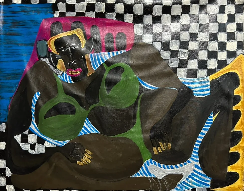 Detail of She's Gotta Have It, original acrylic painting by DeNesha Deans, Black female figure with gold details and checkerboard background, New Orleans artist